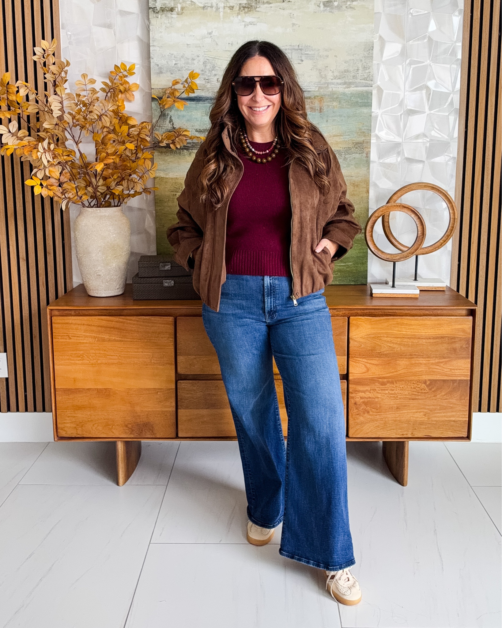 This suede jacket is such a good fall layer! Styled with a burgundy sweater, wide leg jeans and sneakers for an easy casual fall outfit. |Wearing Jeans, 31 and Top , L

#LTKSeasonal #LTKOver40 #LTKMidsize