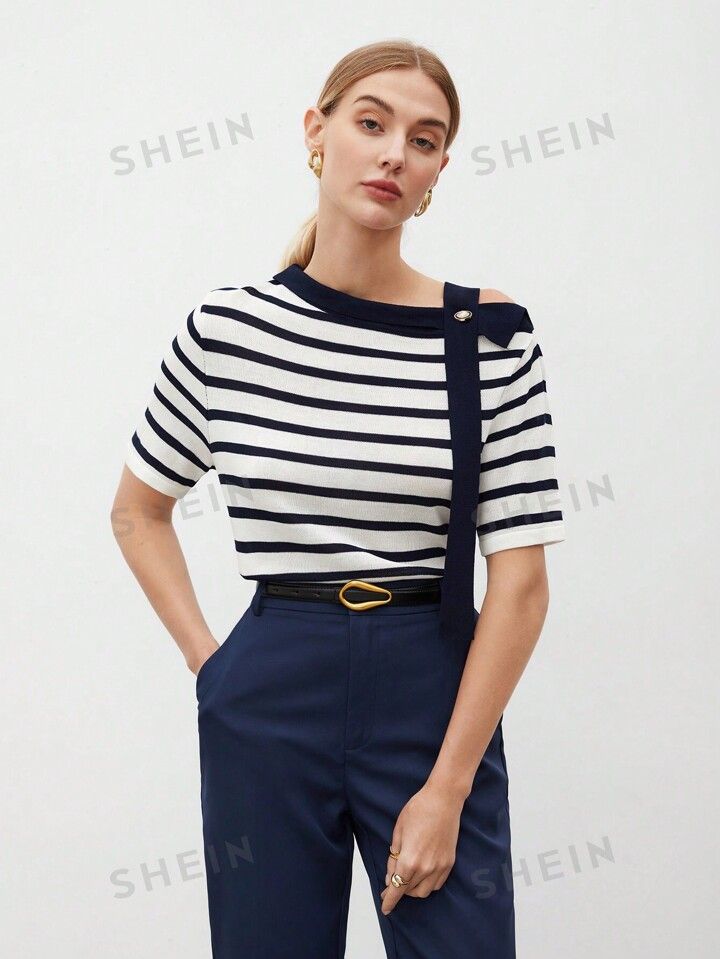 SHEIN BIZwear Casual Striped Short Sleeve Knitted Top For Women | SHEIN