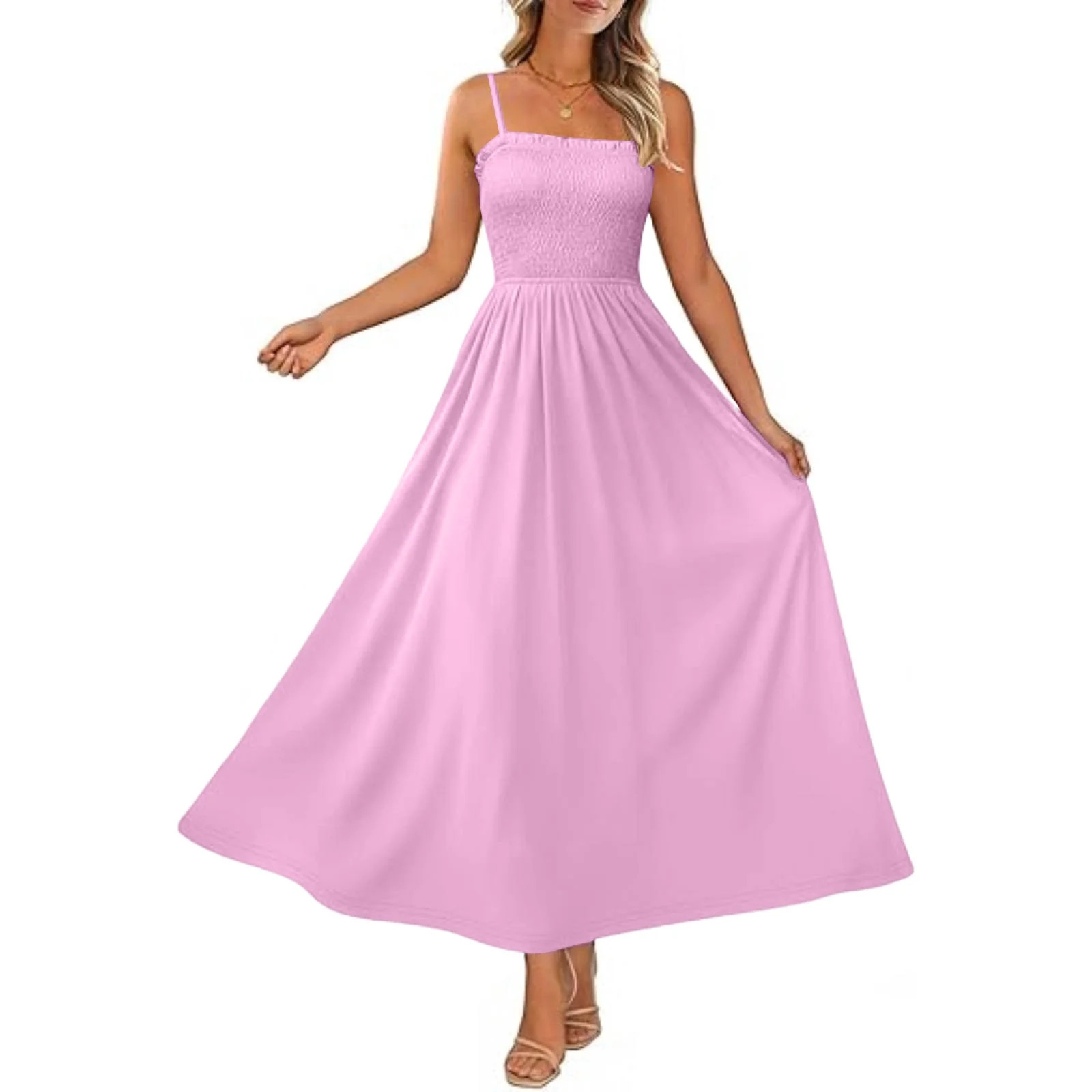 Womens Smocked Maxi Dresses 2026 Summer Sundress Casual Spaghetti Strap Swing A Line Long Flowy B... | Walmart (US)