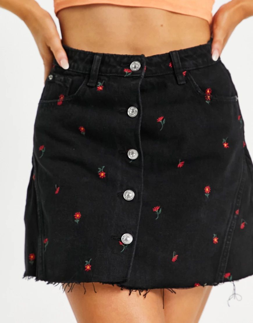 Pimkie button through embroidered floral mini skirt in black | ASOS (Global)