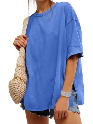 UNCLECAT Womens Oversized T Shirts Summer Trendy Short Sleeve Crew Neck Tops Loose Fit Side Slit Tees Royal Blue | Amazon (US)