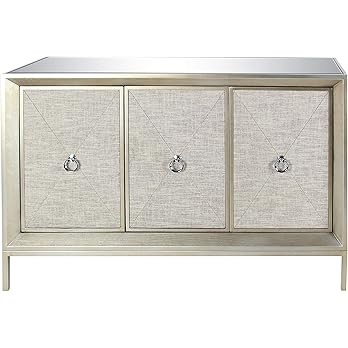 Deco 79 Wood Upholstered Front Panel 1 Shelf and 3 Doors Cabinet with Mirrored Top and Ring Handl... | Amazon (US)