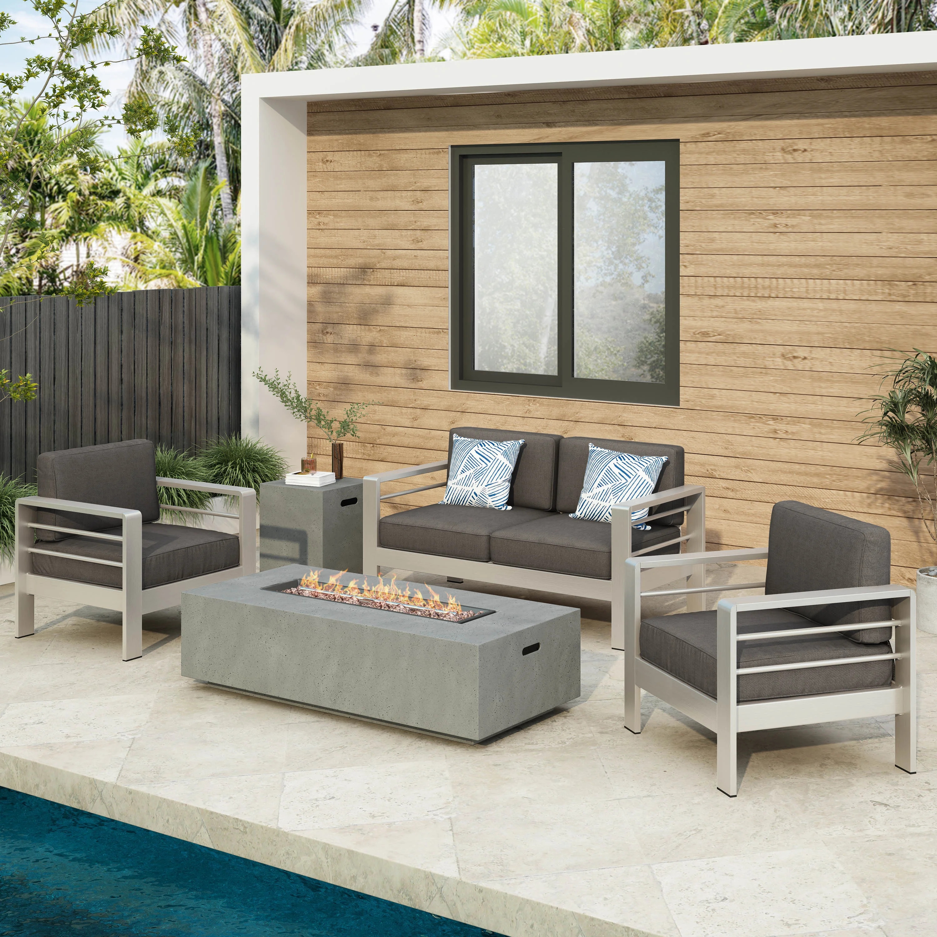 Miller Outdoor 5 Piece Chat Set with Light Grey Fire Table, Gray, Silver | Walmart (US)