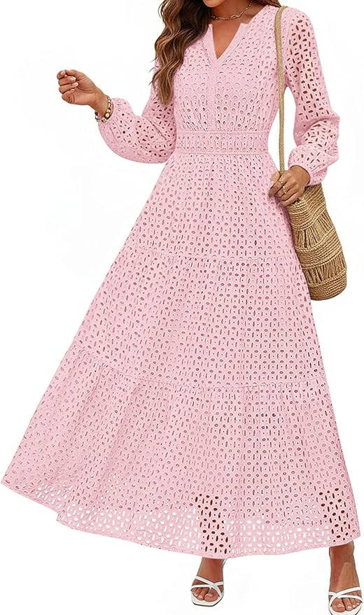 PRETTYGARDEN Women's Long Sleeve Maxi Dress V Neck Hollow Out Eyelet A Line Long Flowy 2026 Sprin... | Amazon (US)