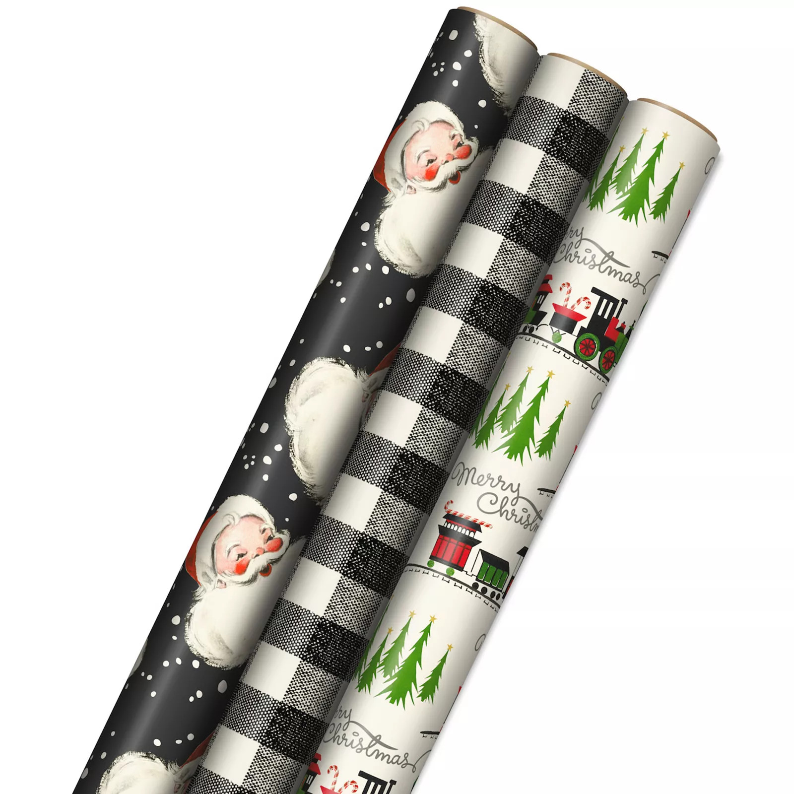 Hallmark 3-Pack Retro Santa, Black & White Plaid, Train & Trees Christmas Wrapping Paper, Multi | Kohl's