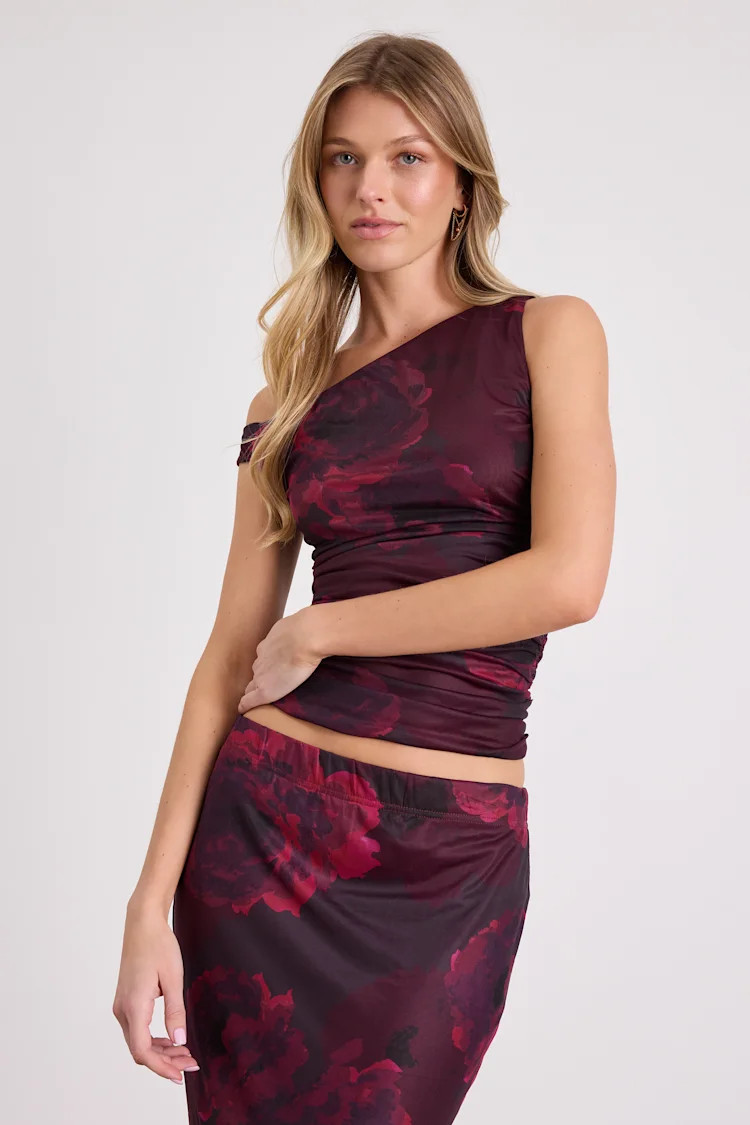Camella Dark Plum Floral Mesh Asymmetrical Top | Lulus
