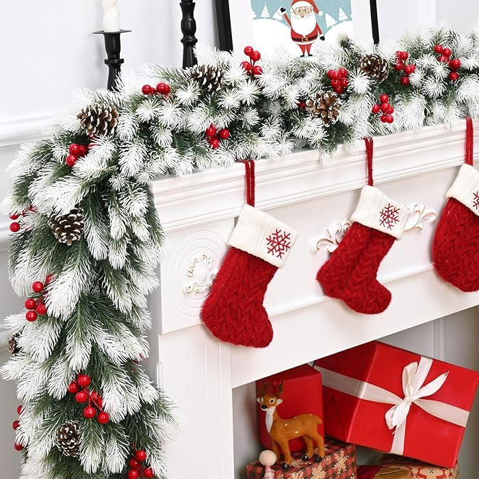 Christmas Garland, 6Ft Christmas Garland for Mantel, Flocked Garland for Christmas Decoration, Wh... | Amazon (US)