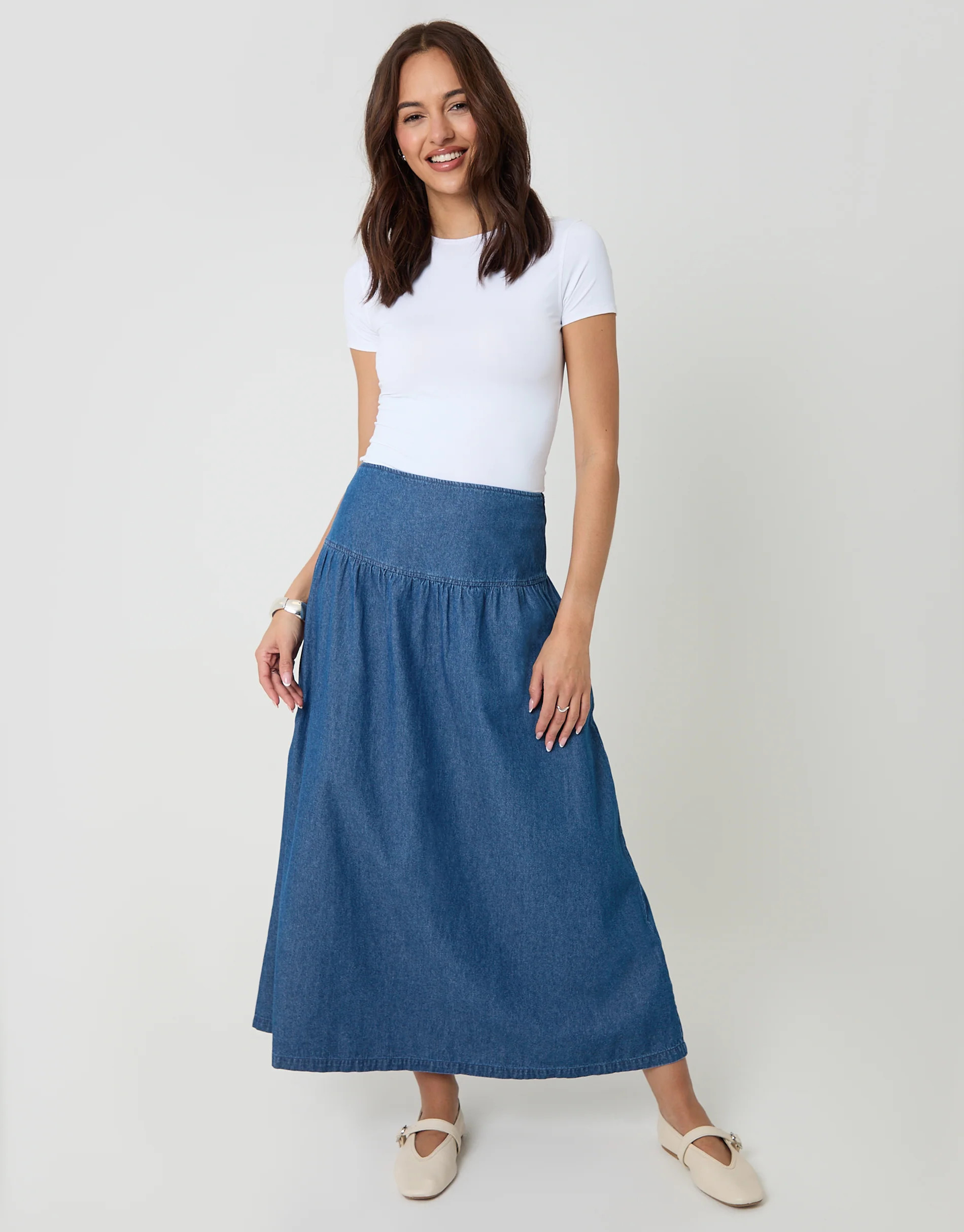 Mid Wash Dropped Waist Denim Maxi Skirt | Threadbare