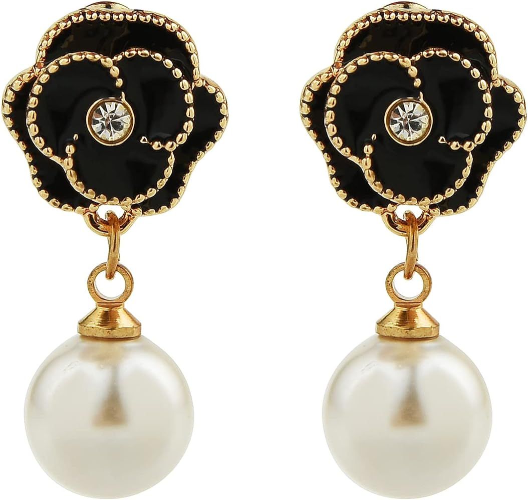 Fashion Designer Imitation Pearl Floral Charm Dangle Drop Earrings Studs | Amazon (US)