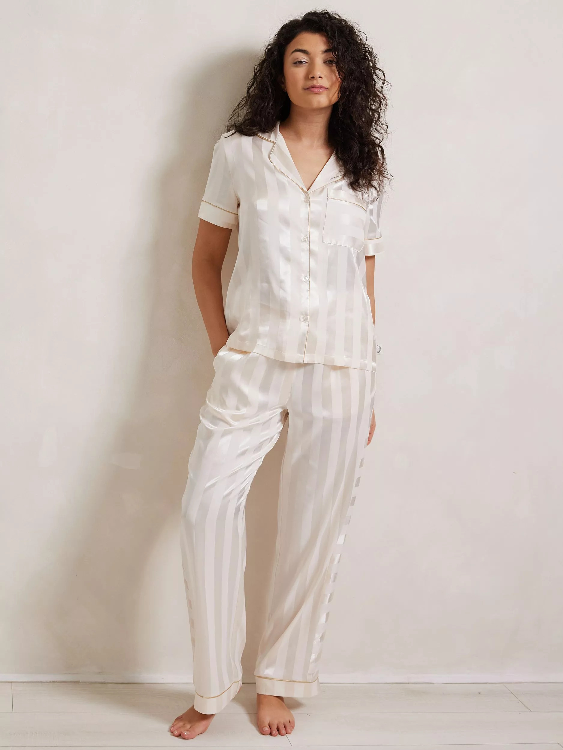 Chelsea Peers Stripe Satin Long Pyjama Set, Off White | John Lewis (UK)
