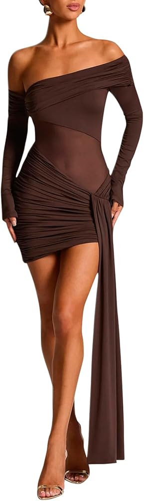 Women’s Sexy Off Shoulder Mesh Patchwork Ruched Mini Dress Elegant Bodycon Night Club Party Dre... | Amazon (US)