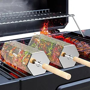 Rolling Grill Baskets(2PCS, Hexagon), Removable Wooden Handle, 304 Stainless Steel, Nesting Grill... | Amazon (US)