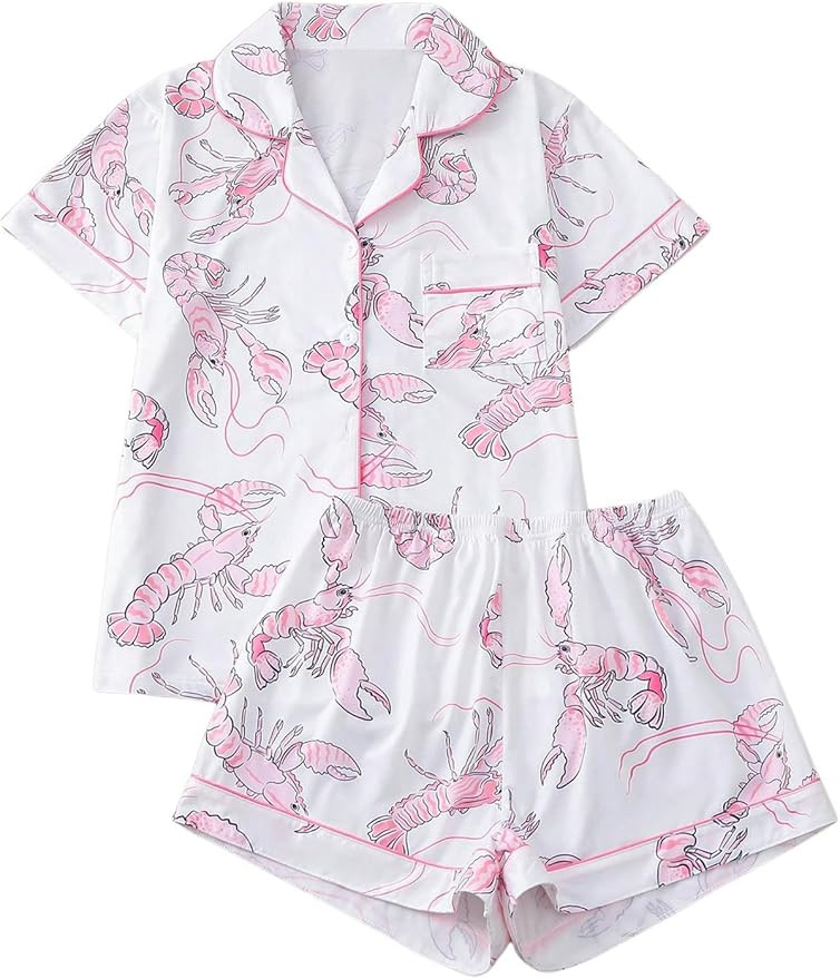 SHENHE Women's 2 Piece Pajama Set Bow Graphic Button Down Short Sleeve Lapel Shirt Pj Short Set | Amazon (US)