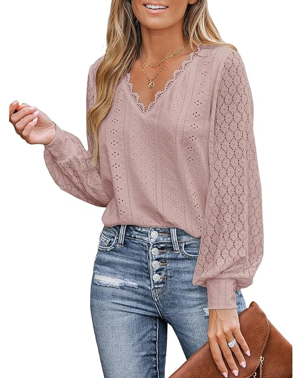 CUPSHE Women Cutout Scalloped Lace Top Long Lace Sleeves Shirts V Neck Blouses | Amazon (US)