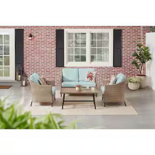 Park Pointe 4-Piece Wicker Patio Conversation Set with Seabreeze Cushions | The Home Depot