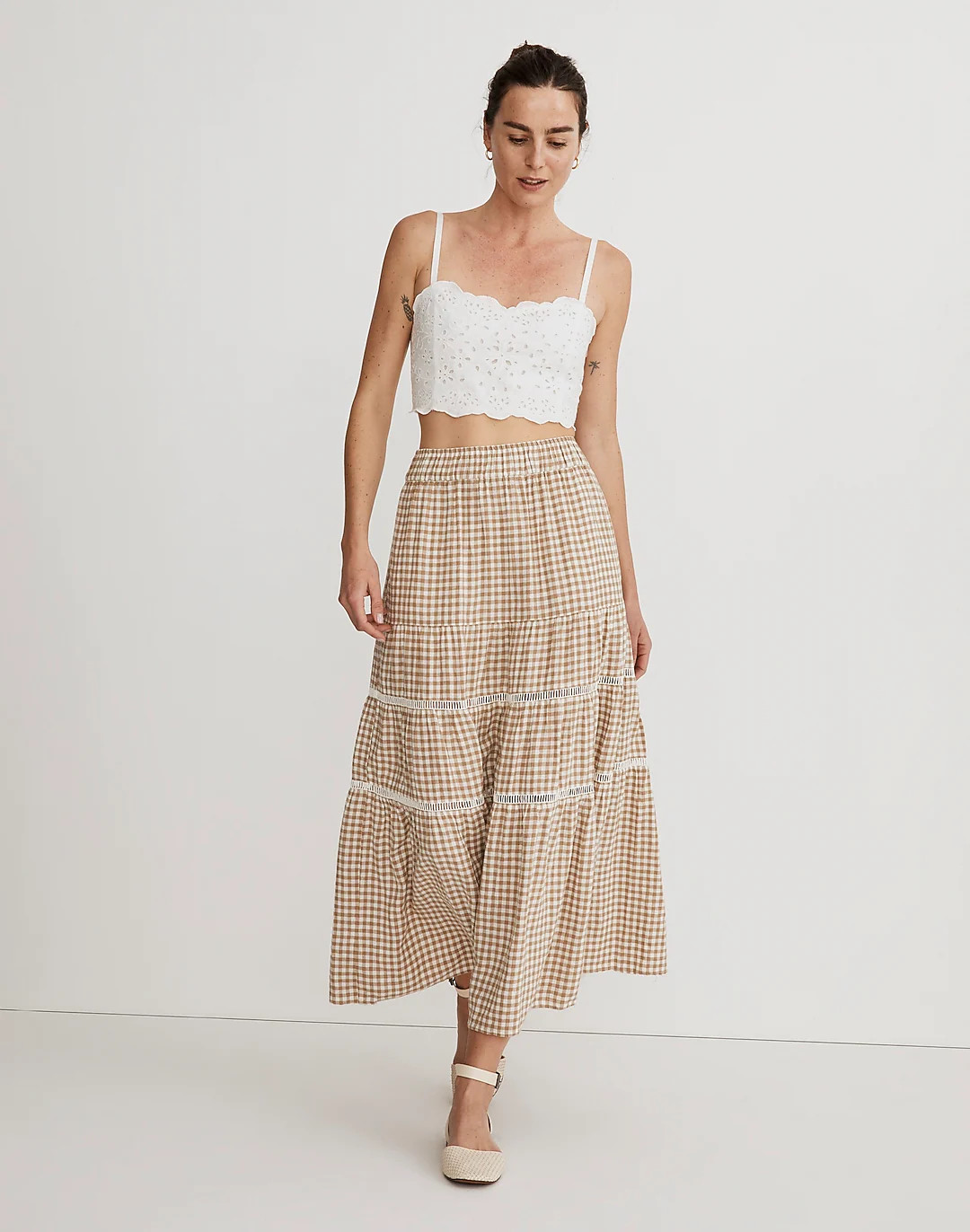 Linen-Blend Eyelet-Trim Tiered Maxi Skirt | Madewell