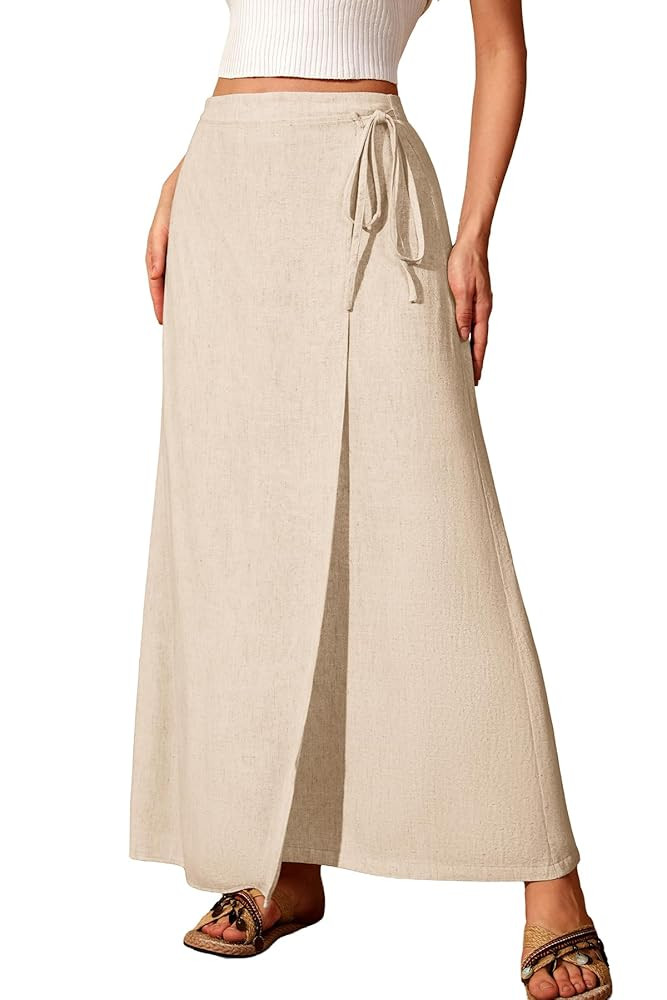 ELLEVEN Linen Wrap Maxi Skirt Elastic Back Waistband Flowy A Line Summer Casual Long Skirt | Amazon (CA)