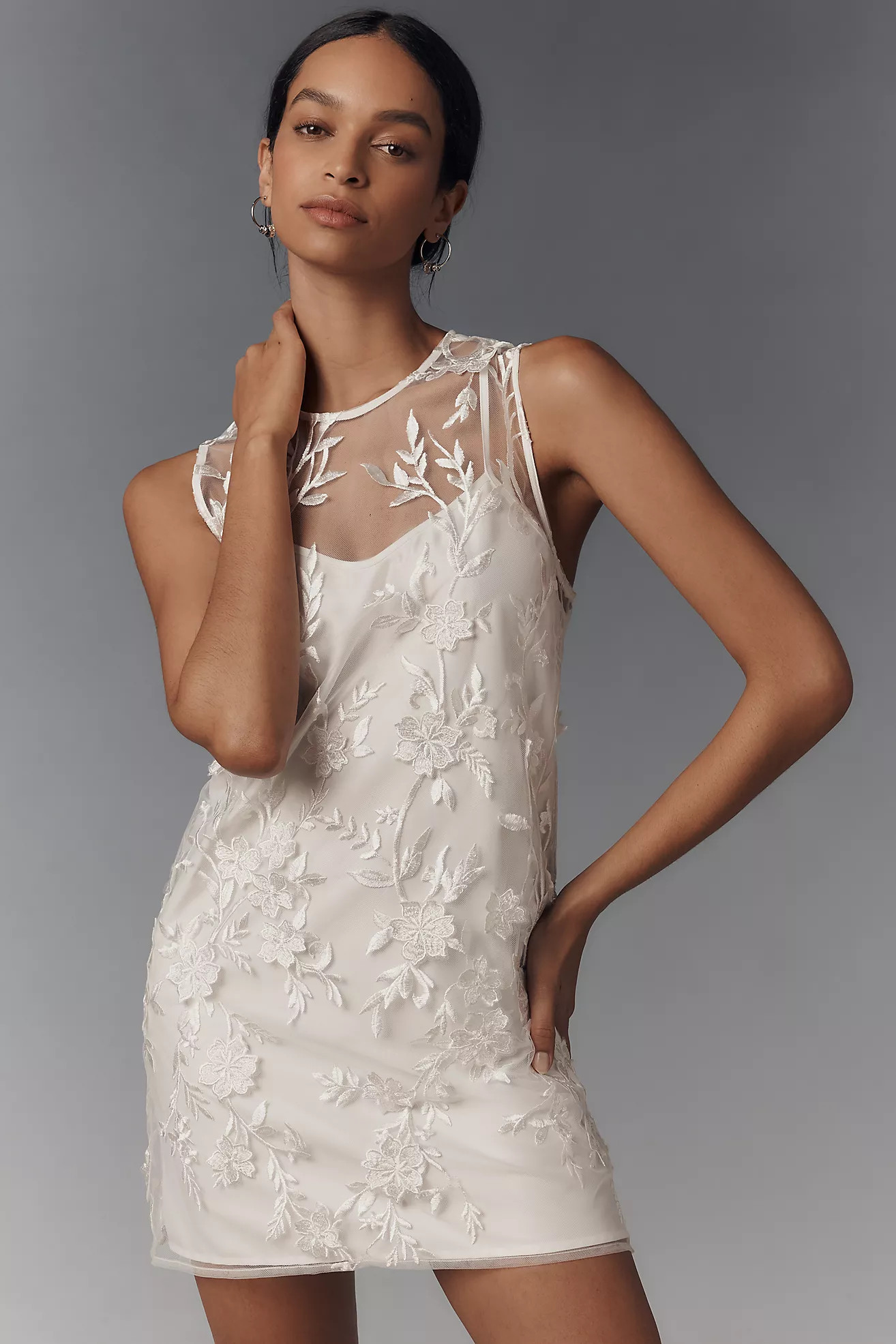 flat white sheer embroidered mini dress White Embroidered Dress - Sequin Mesh Dress - Low Back Mini Dress