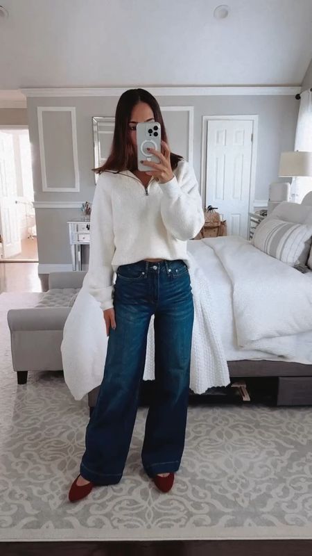 I love these wide leg jeans. I got a size 2 short to wear with flats. These cute little flats are so cute and comfy & fit TTS. Love this super soft quarter zip for fall! Great length for leggings (S) @walmart #walmartpartner #iywyk #walmartfinds #walmartfashion 

#LTKfindsunder50 #LTKstyletip #LTKSeasonal