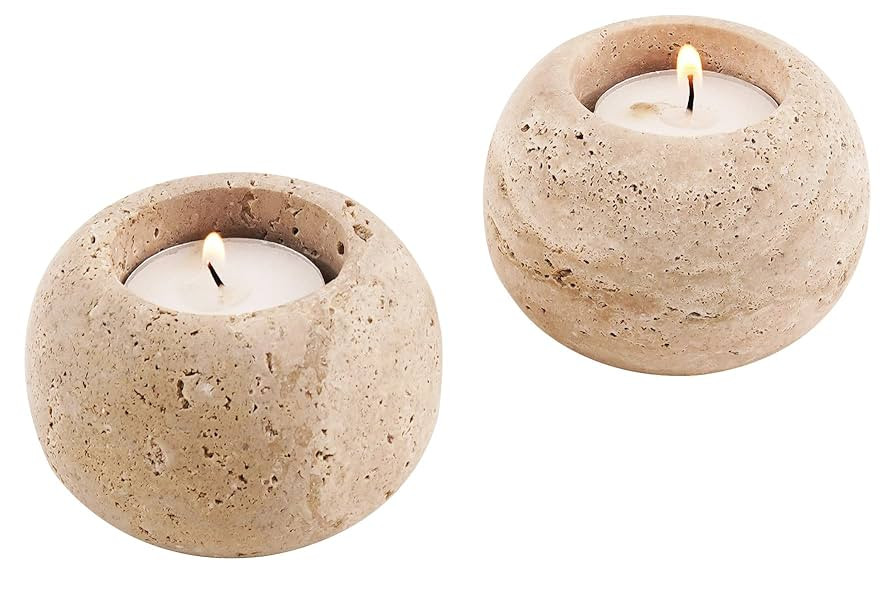Travertine Tealight Candle Holders 4 Inch Stone Votive Candles Holder and Tea Lights Candles Set ... | Amazon (US)