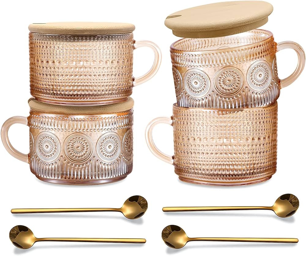Amber Vintage Glass Coffee Mugs gifts for women, 14 Oz Set of 4 Embossed Glassware Tea Cups for B... | Amazon (US)