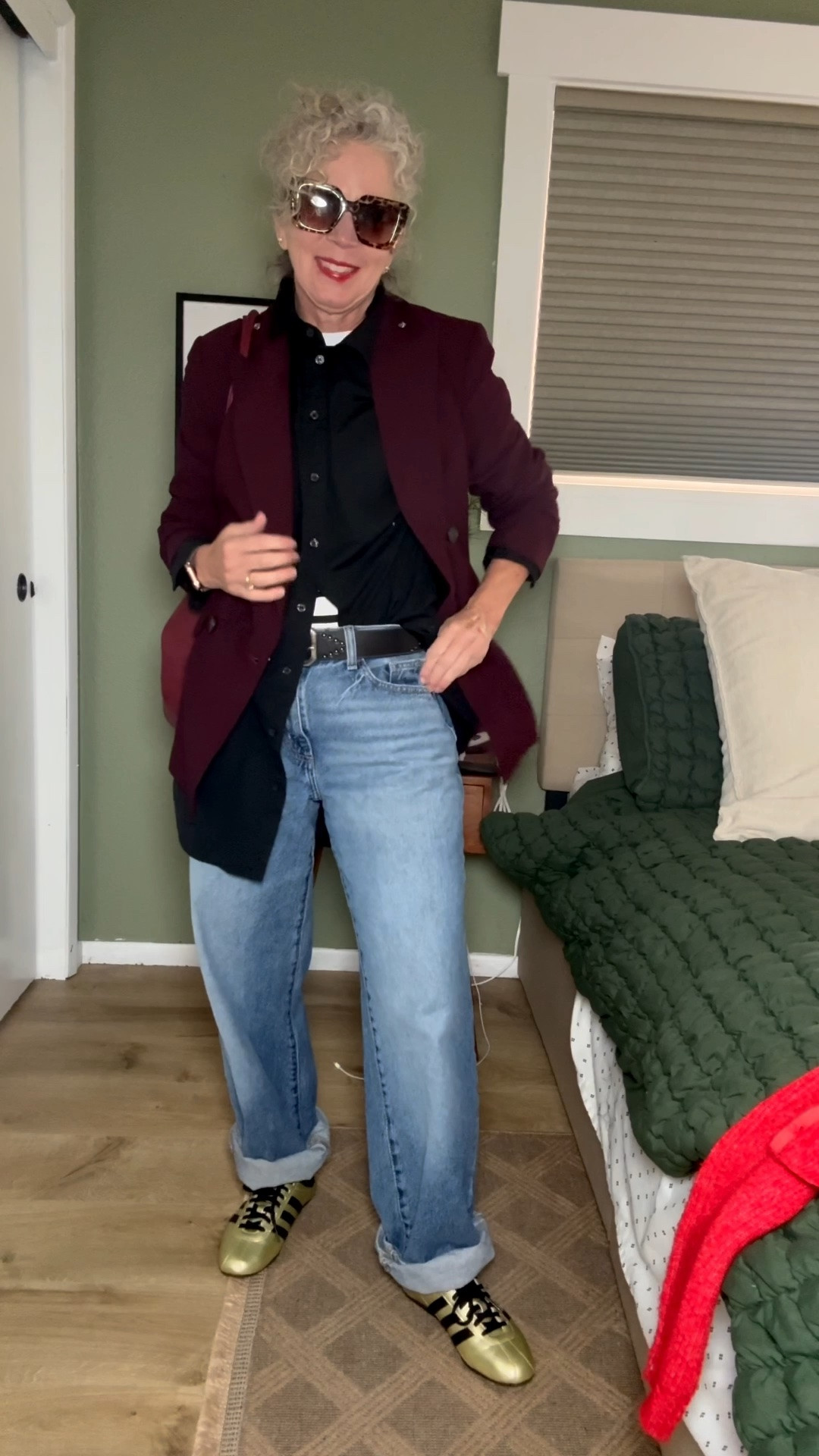 I went up a size in jeans for a baggy fit
Small blazer 
I linked similar items for my older ones.
