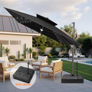 11 ft. x 11 ft. Solar LED Patio Umbrella Outdoor Aluminum Cantilever Umbrella and 300 lbs. Base with Pull Rod in Black | The Home Depot
