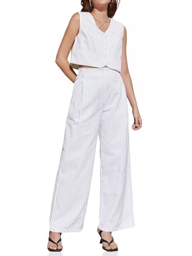 Cicy Bell Womens 2 Piece Striped Outfits Sleeveless V Neck Blazer Vest and Loose Wide Leg Pants Suit White | Amazon (US)