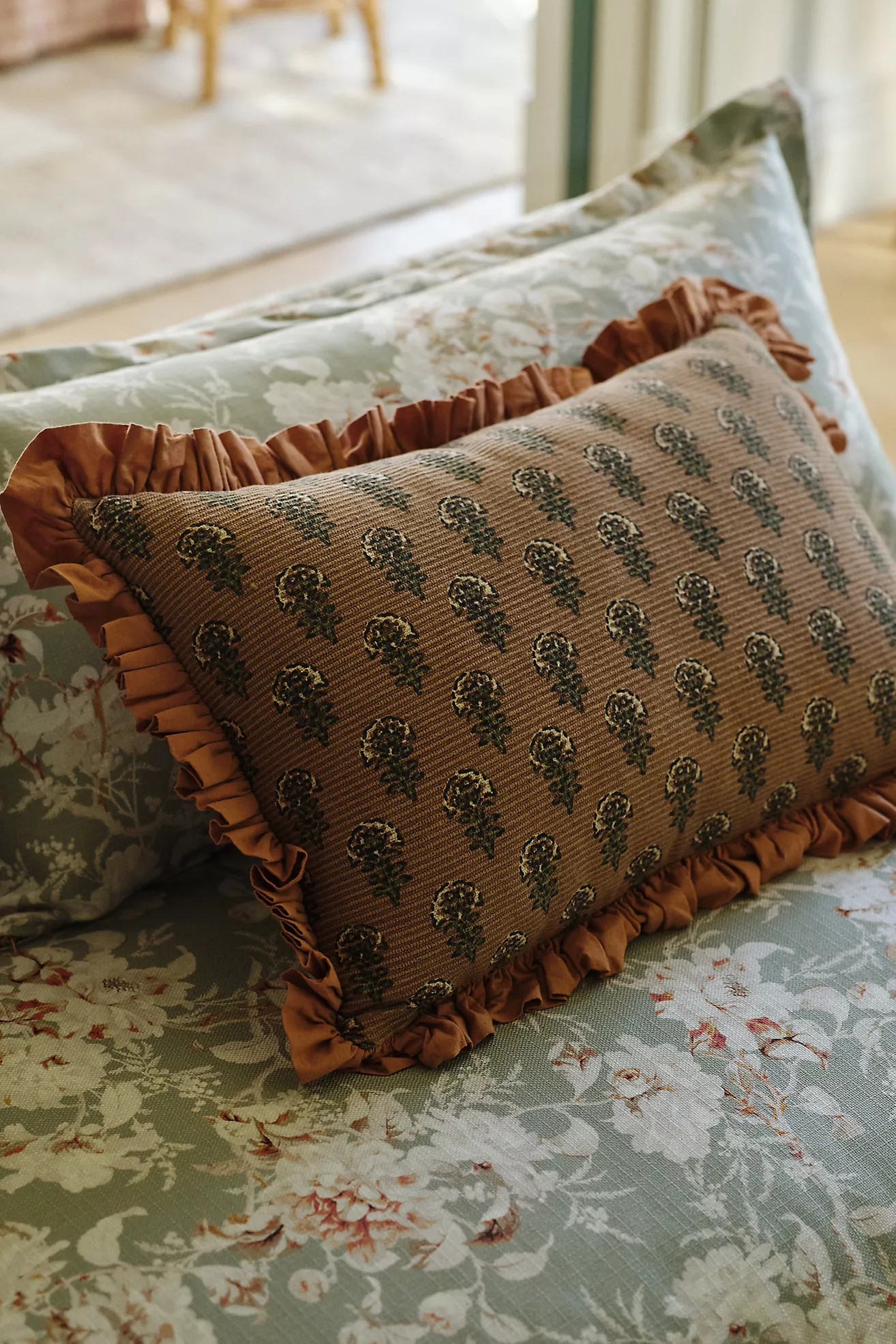 Cotton Block-Print Ruffle Pillow | Anthropologie (US)