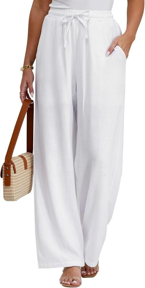 Women’s Linen Summer Palazzo Pants Flowy Wide leg Beach Casual Pants Loose Trousers with Pocket... | Amazon (US)