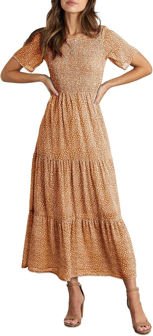 BTFBM Women Casual Short Sleeve Crew Neck Summer Dress Bohemian Floral Printed Flowy Maxi Dresses... | Amazon (US)