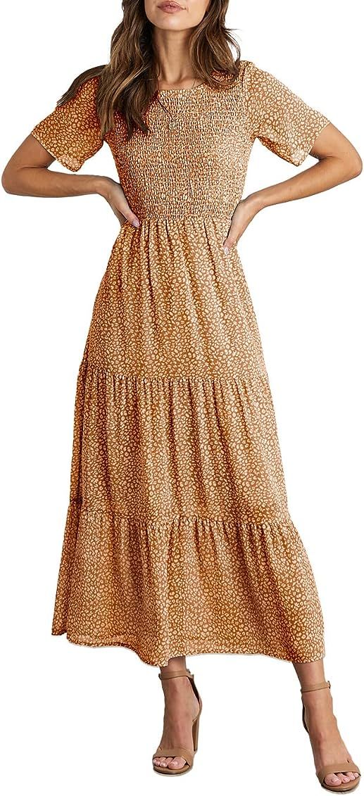 BTFBM Women Casual Short Sleeve Crew Neck Summer Dress Bohemian Floral Printed Flowy Maxi Dresses... | Amazon (US)