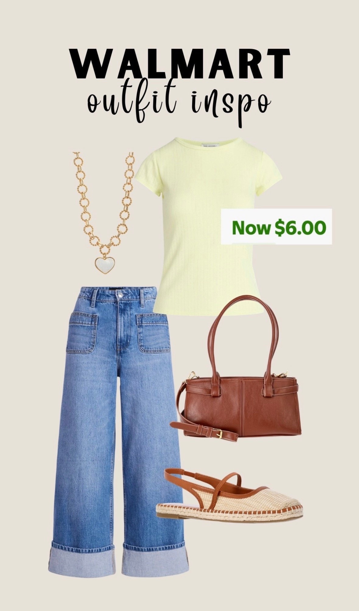 Spring outfit idea that looks so much more expensive than it is 🌼

This entire look is from Walmart and the ribbed tee is now only $6! Such a good basic for spring and summer and easy to style with denim, skirts, or shorts.

The wide leg cuffed jeans are super flattering and give that high-end denim look, and the woven espadrille flats + structured bag pull the whole outfit together.

Perfect casual outfit for errands, lunch, or everyday wear 🤍

#WalmartFashion #WalmartFinds #AffordableFashion #SpringOutfits #LTKStyle #BudgetStyle #EverydayOutfit

#LTKmomlife #LTKSaleAlert #LTKSpringSale