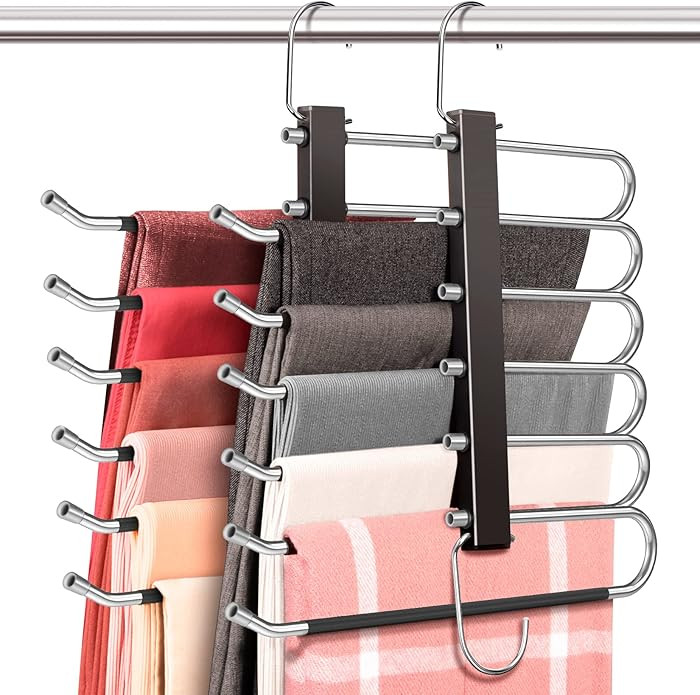 Space Saving 6 Tier Pant Hangers, Anti-Slip, Stainless Steel, 2 Pack, Black | Amazon (US)