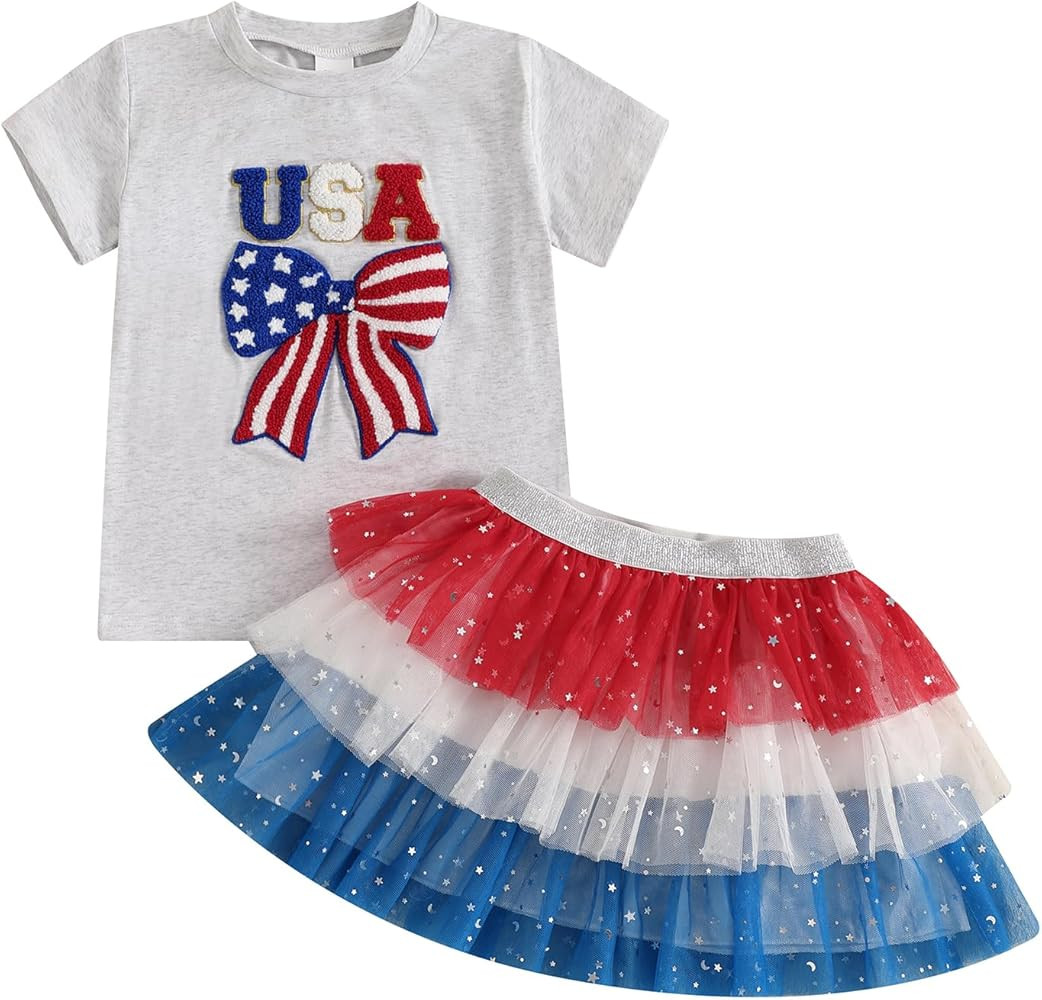 Kayotuas 4th of July Toddler Girl Outfit USA Bow Shirt Red White Blue Sparkle Star Tulle Skirt Se... | Amazon (US)
