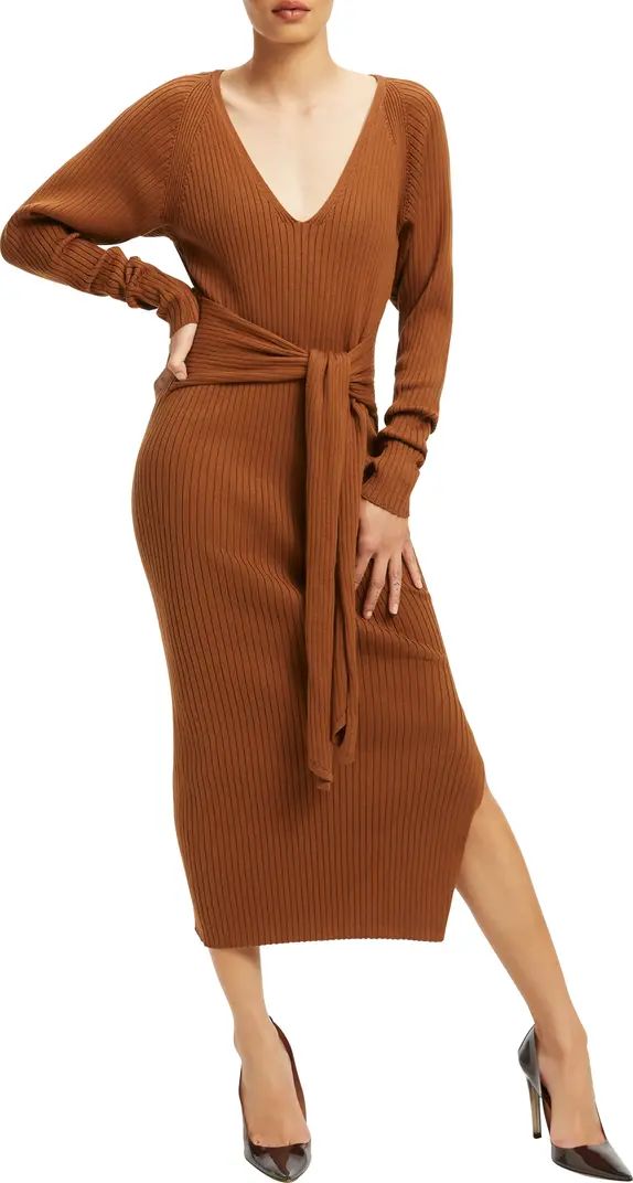 Good American Belted Long Sleeve Cotton Blend Rib Body-Con Dress | Nordstrom | Nordstrom