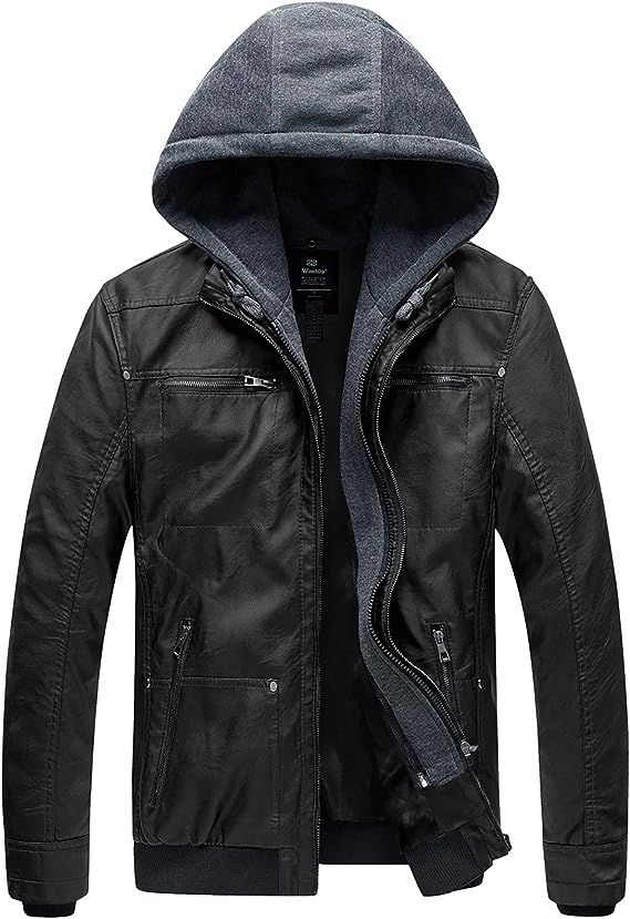 Wantdo Men's Faux Leather Jacket with Removable Hood Motorcycle Jacket Casual Vintage Warm Winter... | Amazon (US)