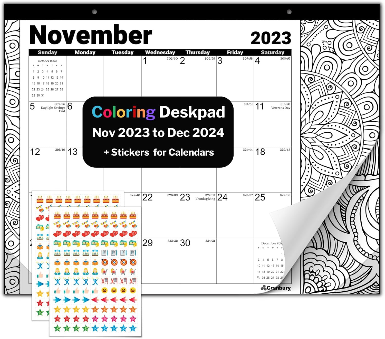 CRANBURY Coloring Desk Calendar 2024 - (13.25x17) Use Nov 2023 to Dec 2024, Doodle Deskpad Calend... | Amazon (US)