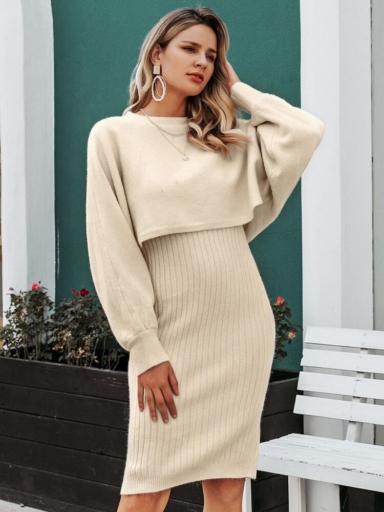 Simplee Solid Rib-knit Dress With Sweater | SHEIN