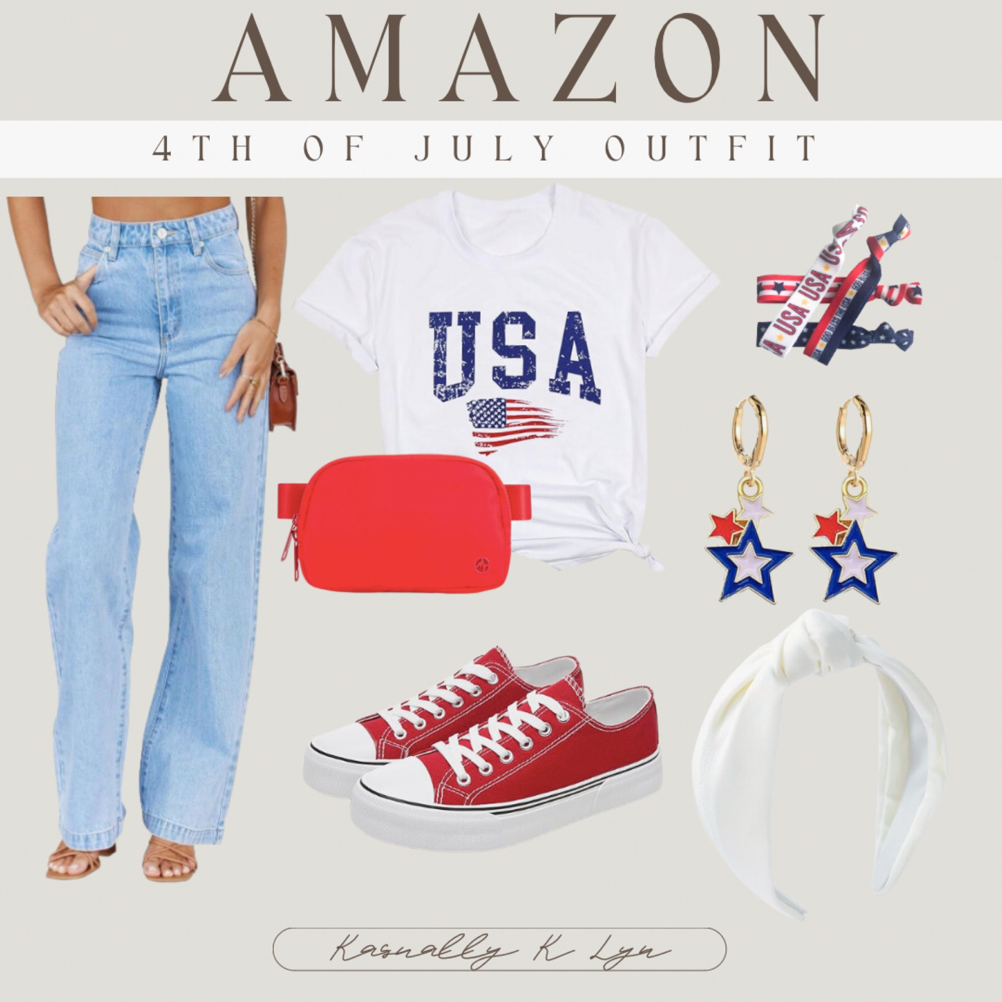 Amazon 4th of July Outfit for Women!! casual short sleeve usa flag tee shirt. women’s light washed mid waisted straight leg loose stretchy lightweight tummy control trendy jean. red everywhere belt crossbody bag. patriotic american dangling star drop earrings. white and red low top casual sneakers. white knotted headband. 8 piece red white and blue elastic hair tie set. 

#LTKSeasonal #LTKFindsUnder50 #LTKStyleTip