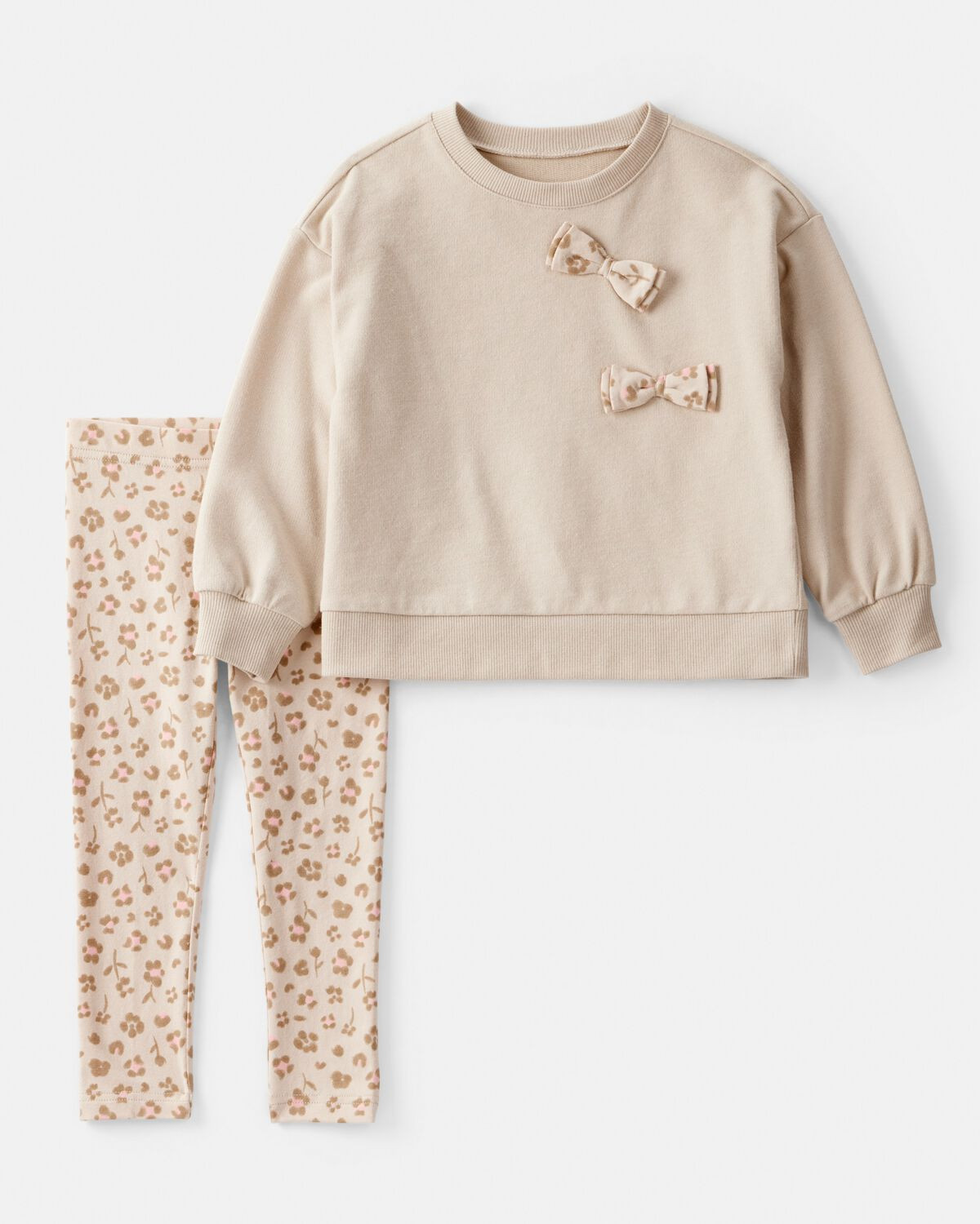 Toddler Girl Bow Floral French Terry Sweatshirt & Pant Set - Beige | Carter's Inc