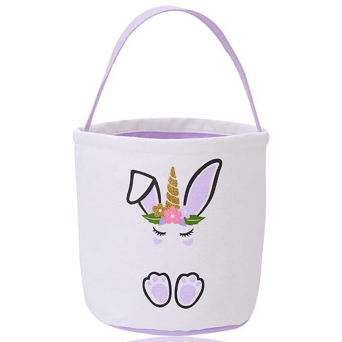 Easter Bunny Basket Bags for Kids, 1 Pack Canvas Bunny Baskets with Printed Cute Rabbit, Carrying... | Amazon (US)