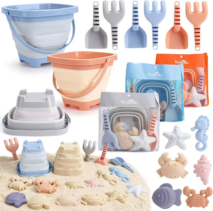Dreamon 3 Pack Beach Toys Set for Kids 3-10, Collapsible Sand Buckets with Beach Molds and Mesh B... | Amazon (US)