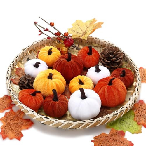 ANPHSIN Fall Velvet Pumpkins Halloween Centerpiece Decor - Artificial Fake Mini Pumpkins for Thanksgiving Home Party Decorations Gifts, Farmhouse Table Bowl Filler, 12Pcs Light Autumn Colors | Amazon (US)