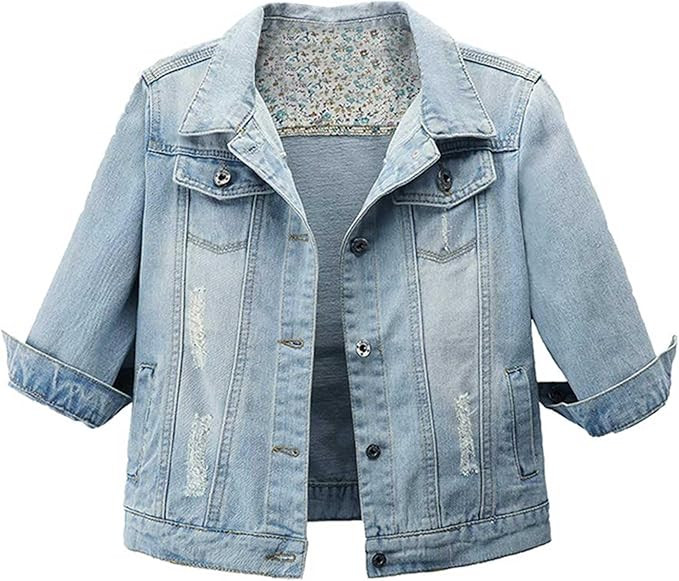 Hixiaohe Women Autumn 3/4 Sleeve Retro Short Denim Jackets Light Blue Jean Coats | Amazon (US)