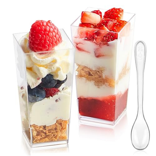 Zezzxu 50 Pack Mini Dessert Cups with Spoons, 3 oz Mini Square Shooter Cups for Desserts, Plastic Dessert Cup for Serving Party Appetizers Cheesecake Pudding Mousse | Amazon (US)