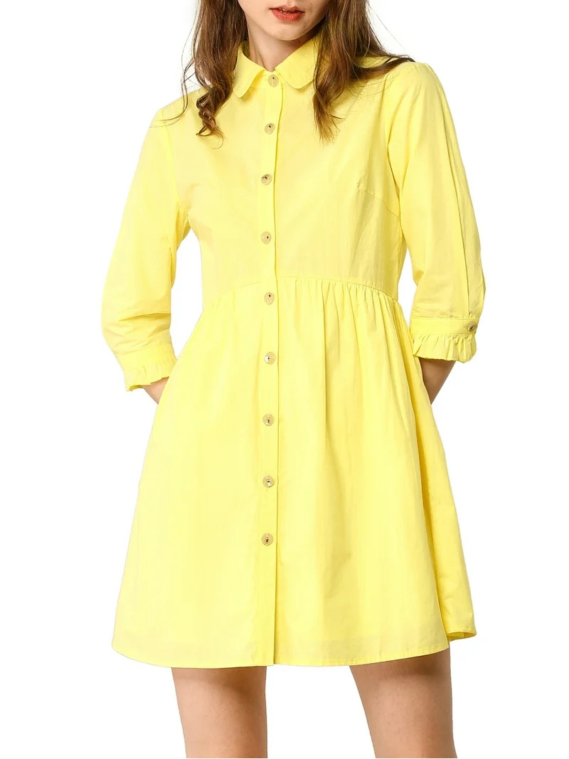INSPIRE CHIC Style Women's Shirt Dress 3/4 Sleeve Button Down Mini Dresses Lemon Yellow L | Walmart (US)