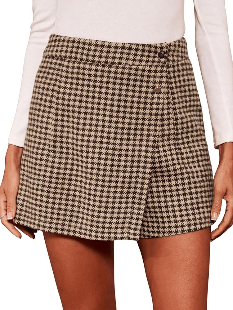MakeMeChic Women's Elegant Houndstooth Print High Waisted Wrap Button Front Mini Skirt Skort Shor... | Amazon (US)
