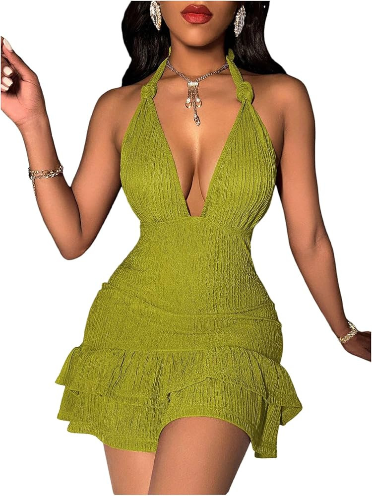 SOLY HUX Women's Summer Halter Bodycon Mini Dress Sexy Deep V Ruffle Party Cocktail Cami Dresses | Amazon (US)