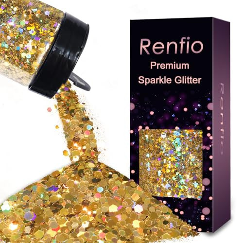 Renfio Holographic Glitter, 9.7oz/275g Laser Gold Chunky Glitter for Snowglobe Tumbler,Gold PET Flake Mixed Fine Powder for Snowglobe Tumbler,Craft,Epoxy Resin,Festival Decor,Nail,Slime | Amazon (US)